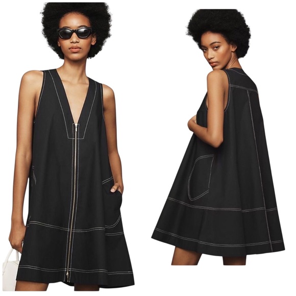 Anthropologie | Minimalist Chic Black A-Line Mini Dress Contrast Stitching Swing - Picture 1 of 12